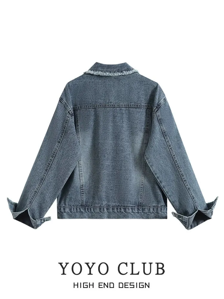 YOYO CLUB Retro Tassel Denim Jacket 2024 Autumn New Korean Style Hong Kong Style Chic and Sassy Top