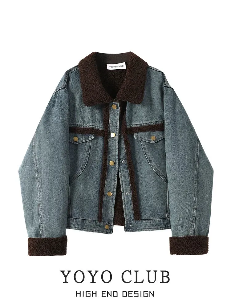 YOYO CLUB small short lamb wool denim jacket winter plus size women's thickened jacket trendy top