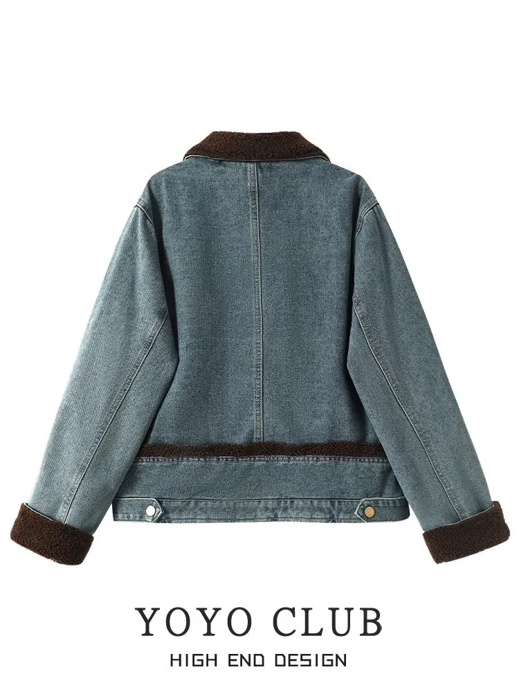 YOYO CLUB small short lamb wool denim jacket winter plus size women's thickened jacket trendy top