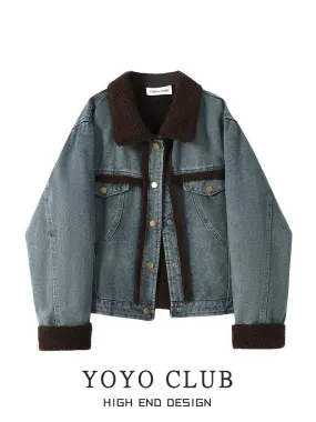 YOYO CLUB small short lamb wool denim jacket winter plus size women's thickened jacket trendy top